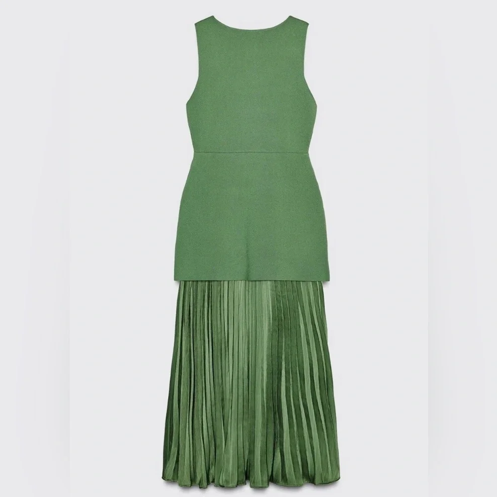 Zara Green Sleeveless Pleated Knit Combination Dress Size L NWT Bloggers’ Fav! - Picture 8 of 16